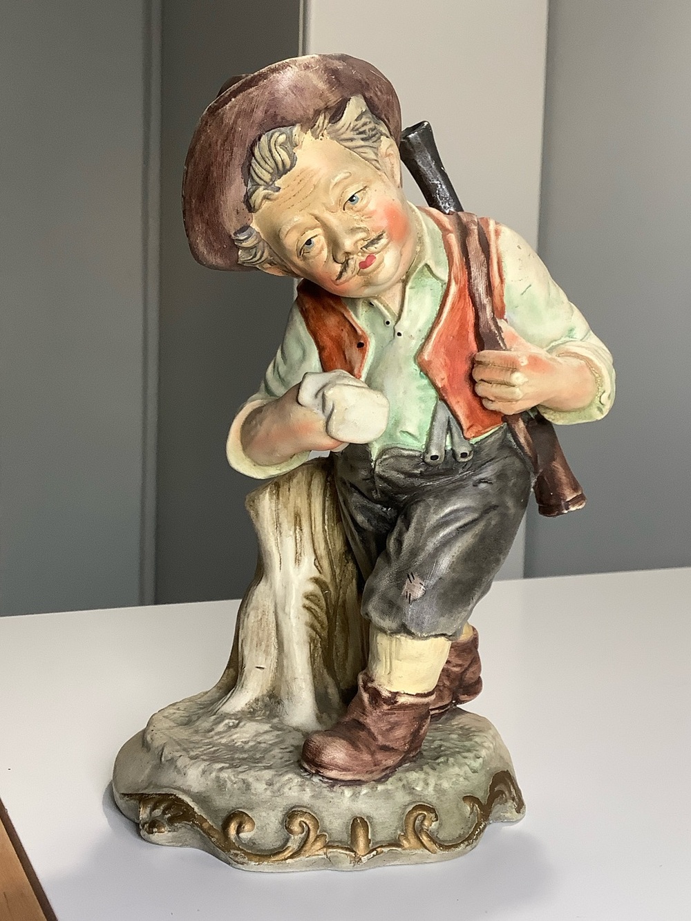 Hand-Painted Porcelain Figurine in Brown, Green & Cream